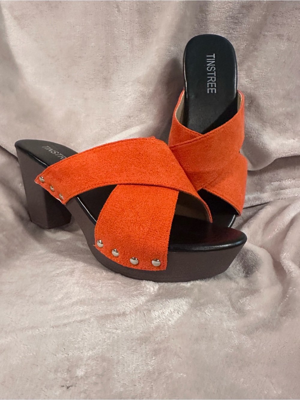 Tinstree Orange Suede Crisscross Platform Mules